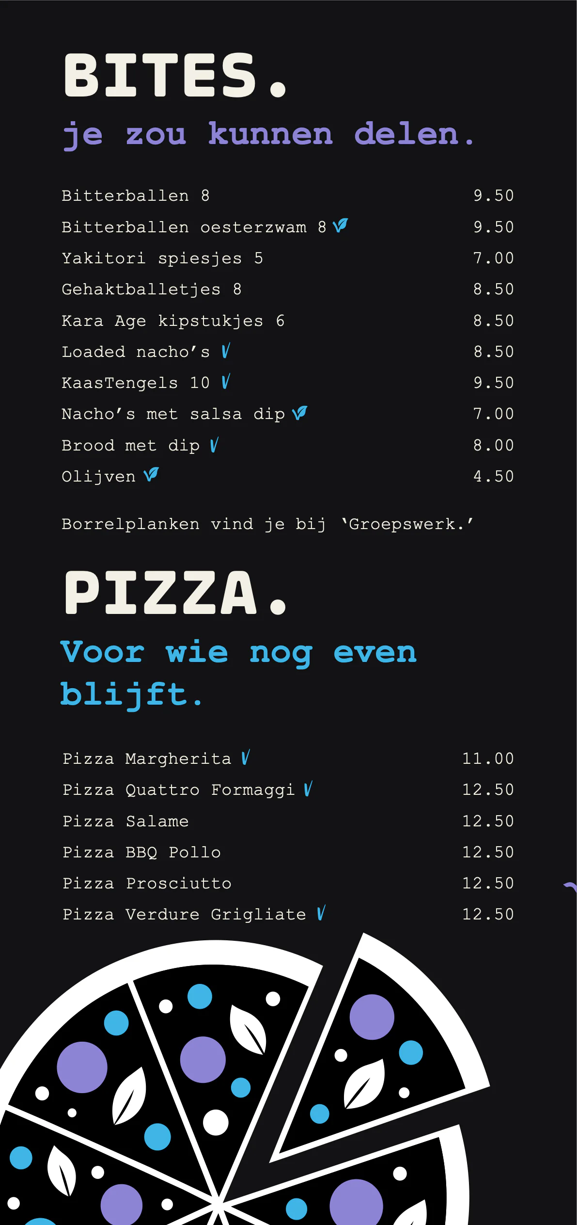 Menukaart pagina 12 van 12 — bites en pizza